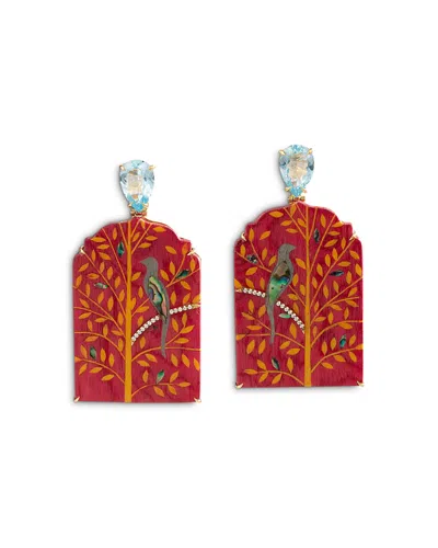 Silvia Furmanovich 18k Yellow Gold Kashmir Blue Topaz, Abalone Inlay & Diamond Bird Print Drop Earrings In Red