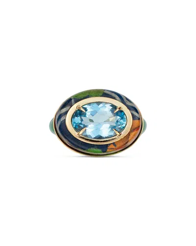Silvia Furmanovich 18k Yellow Gold Kashmir Blue Topaz & Green Ceramic Colorful Pattern Ring In Multi