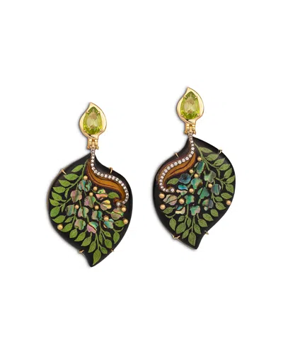 Silvia Furmanovich 18k Yellow Gold Kashmir Peridot, Abalone, Diamond & Gold Leaf Drop Earrings In Green
