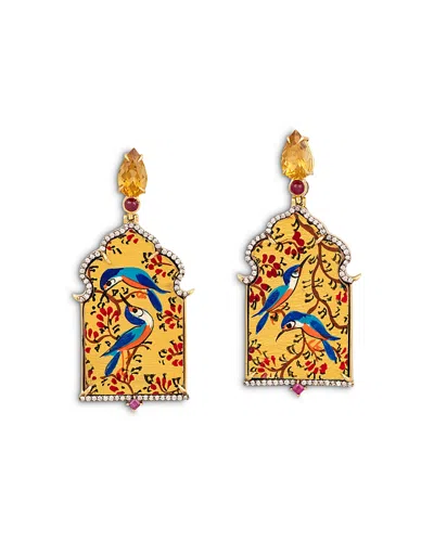 Silvia Furmanovich 18k Yellow Gold Kashmir Ruby, Diamond & Citrine Bluebird Paper Mache Window Drop Earrings