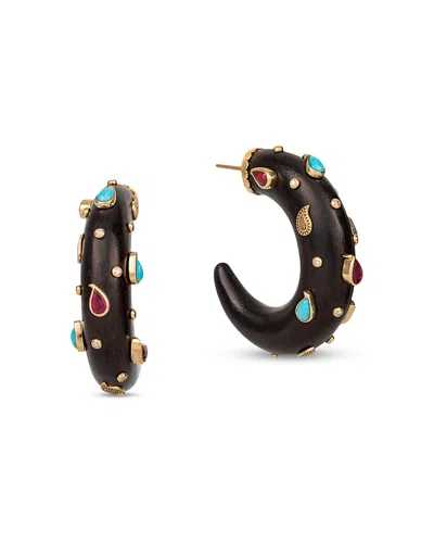 Silvia Furmanovich 18k Yellow Gold Kashmir Ruby, Turquoise & Diamond Brauna Wood Hoop Earrings In Black