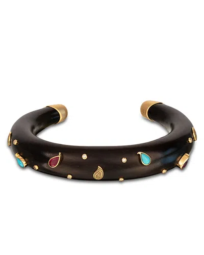 Silvia Furmanovich 18k Yellow Gold Kashmir Turquoise, Ruby, & Diamond Brauna Wood Cuff Bracelet In Black