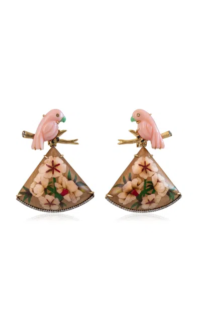 Silvia Furmanovich 18k Yellow Gold Marquetry Earrings With Diamonds And Light Pink Stone In Multi