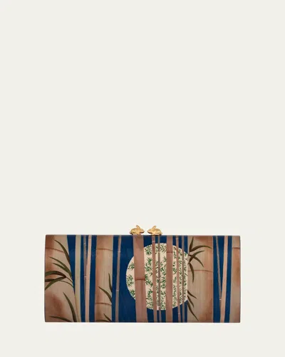 Silvia Furmanovich 18k Yellow Gold Rectangular Marquetry Clutch With Bamboo Moon Print And Rabbit Detail