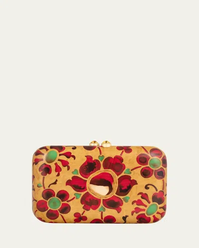 Silvia Furmanovich 18k Yellow Gold Rectangular Marquetry Clutch With Flower Print And Citrine