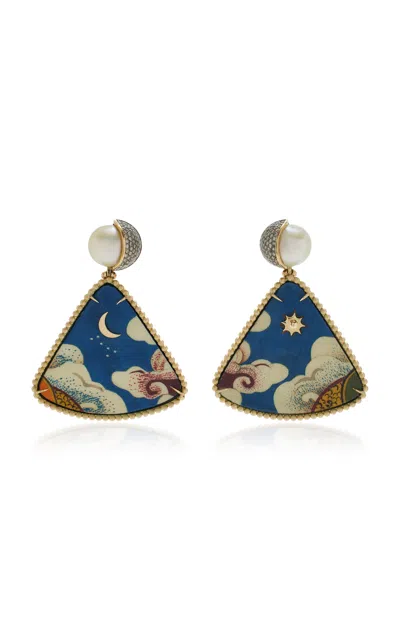 Silvia Furmanovich 18k Yellow Gold Tibetan Sky Triangle Marquetry Earrings In Blue