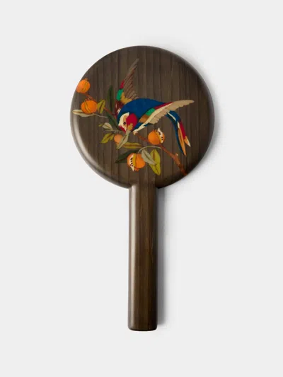 Silvia Furmanovich Birds And Pomegranate Marquetry Wood Hand Mirror In Multi