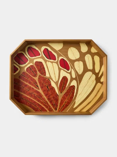 Silvia Furmanovich Butterflies Marquetry Wood Octagonal Tray (15.5in/40cm) In Brown