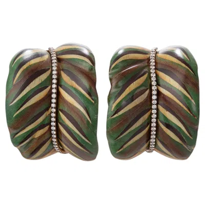 Pre-owned Silvia Furmanovich Large Curved Marquetry Wood Diamond Botanical Earrings In Multi