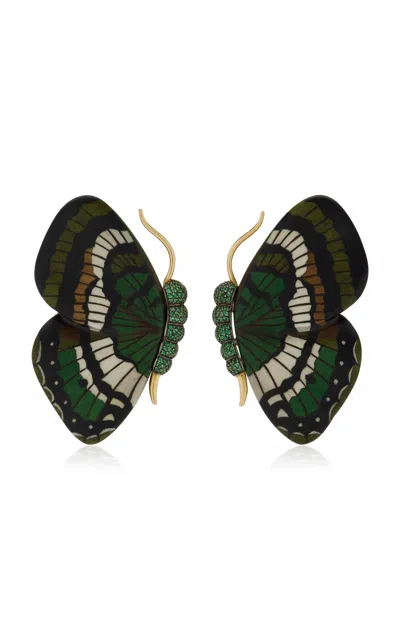 Silvia Furmanovich Marquetry Butterfly 18k Yellow Gold Emerald Earrings In Green