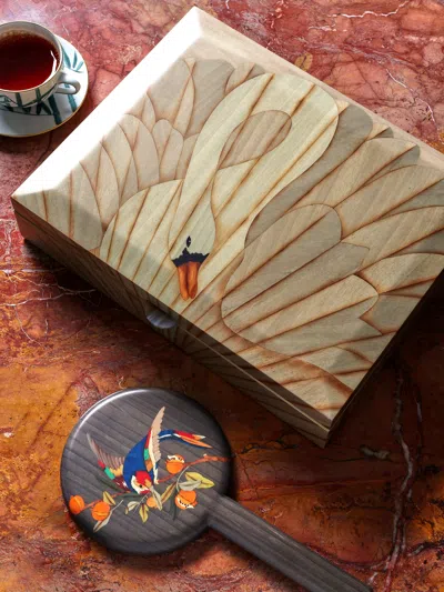 Silvia Furmanovich Swans Marquetry Wood Box In Multi