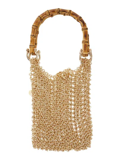 Silvia Gnecchi 'bamboo' Gold Colored Handbag With Metallic Mesh And Bamboo Handle In Grey