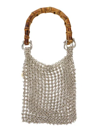 Silvia Gnecchi 'bamboo' Silver Colored Handbag With Metallic Mesh And Bamboo Handle In Grey
