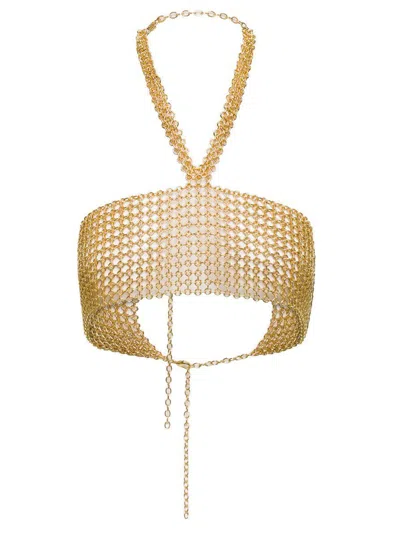 Silvia Gnecchi Gold-tone Crop Top With Halterneck In Metal Mesh Woman In Grey