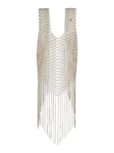 SILVIA GNECCHI SILVER-TONE VEST WITH FRINGES IN METAL MESH WOMAN