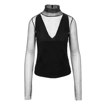 Silvia Serban Women's Black Textured Tulle Turtleneck Top