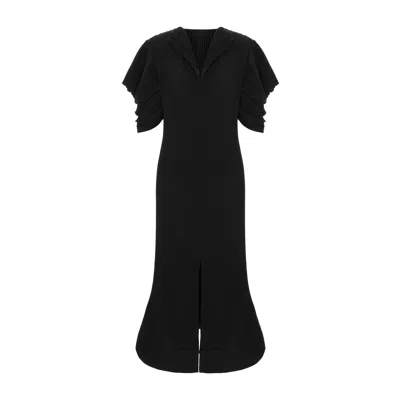 Silvia Serban Women's Black V Neckline Pleated Crepe Dress