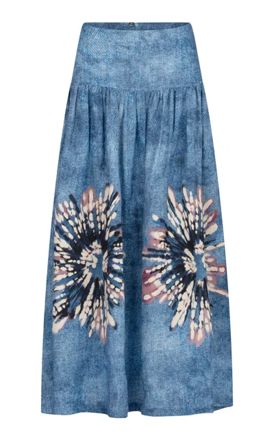 Silvia Tcherassi Abla Printed Linen Midi Skirt In Blue
