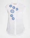 Silvia Tcherassi Adele Flower Embroidered Cap-sleeve Linen Blouse