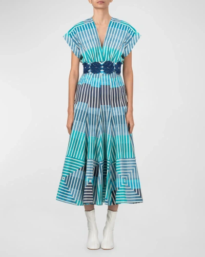 Silvia Tcherassi Adila Striped Midi Dress With Floral Embroidery In Blue