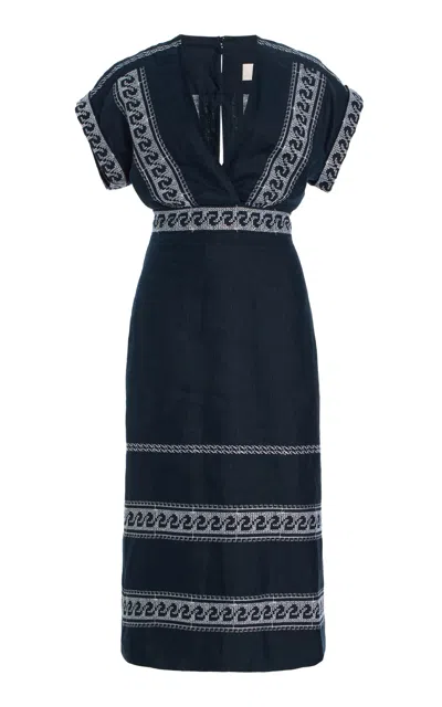 Silvia Tcherassi Ady Embroidered Linen-blend Midi Dress In Blue