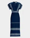 Silvia Tcherassi Ady Embroidered Linen Short-sleeve Midi Dress In Blue