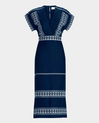 Silvia Tcherassi Ady Embroidered Linen Short-sleeve Midi Dress In Blue