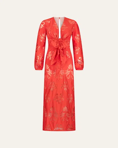 Silvia Tcherassi Battia Tie-front Embroidered Cotton Maxi Dress In Rougeemb
