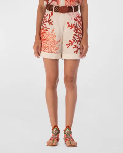 Silvia Tcherassi Bimba Printed Pleated Linen Bermuda Shorts With Rope Belt In Multi Coral