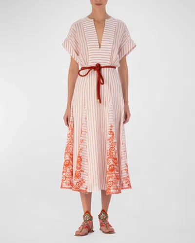 Silvia Tcherassi Casandra Floral-embroidered Godet Belted Midi Dress In Coral Paisley