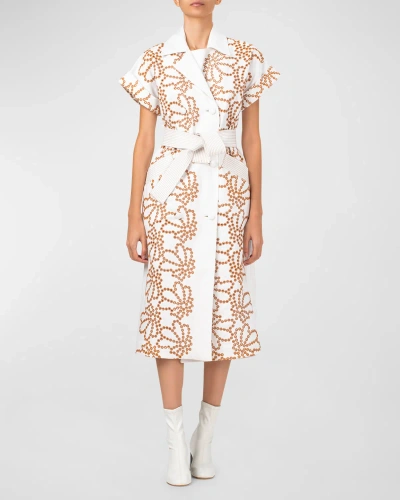 Silvia Tcherassi Concetta Embroidered Shirtdress With Tie Belt In White Cacao Eyele