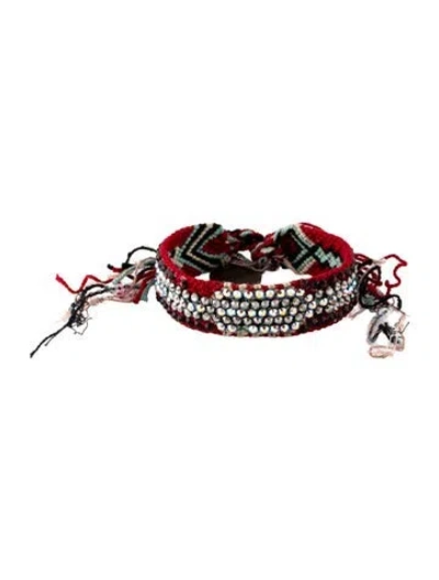 Pre-owned Silvia Tcherassi Crystal & Thread Braided Bracelet, 7" In Black/green/red