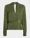 Silvia Tcherassi Elvie Draped Satin Long-sleeve Blouse In Green