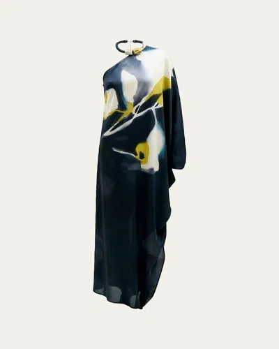 Silvia Tcherassi Erica Floral Silk One-shoulder Maxi Dress In Black