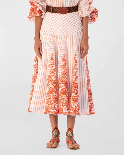 Silvia Tcherassi Fairus Embroidered Striped Godet Midi Skirt In Coral Paisleys Strip