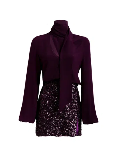 Silvia Tcherassi Faye Sequin-embellished Pussy-bow Mini Dress In 퍼플
