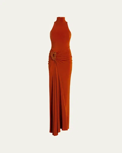 Silvia Tcherassi Frances Embellished Ruched Sleeveless Maxi Dress In Brown