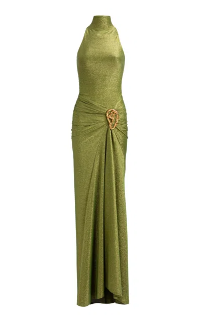 Silvia Tcherassi Frances Metallic Knit Halter Maxi Dress In Green