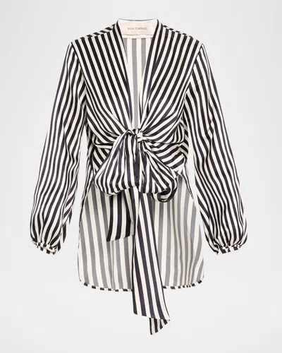 Silvia Tcherassi Honey Striped Tie Silk Blouse In White Blue Stripes