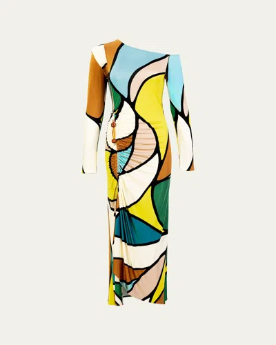 Silvia Tcherassi Ilania Abstract-print Ruched Long-sleeve Maxi Dress In Multi