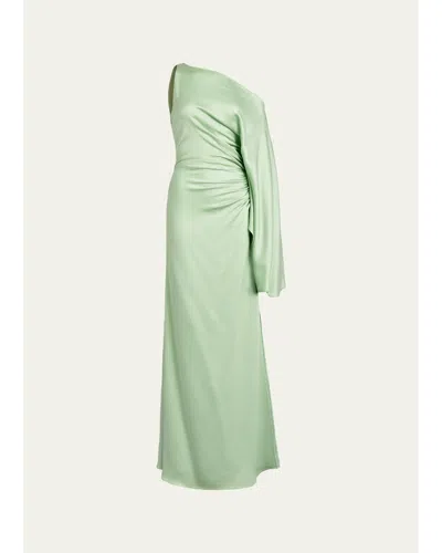 Silvia Tcherassi Kesia One-shoulder Ruched Satin Maxi Dress In Green