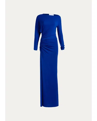 Silvia Tcherassi Laken Ruched Jersey Asymmetric Long-sleeve Maxi Dress In Blue