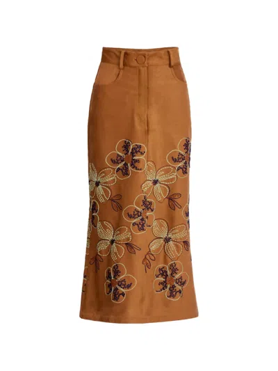 Silvia Tcherassi Layan Floral-embroidered Midi Skirt In Brown