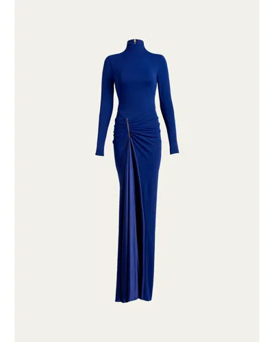 Silvia Tcherassi Lena Mock-neck Ruched Jersey Slit Maxi Dress In Blue