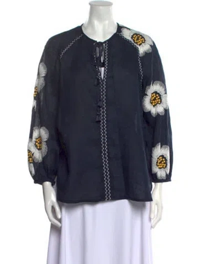 Pre-owned Silvia Tcherassi Linen Floral Print Blouse In Blue