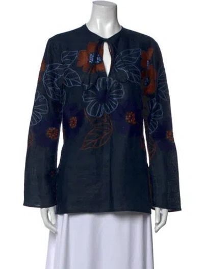 Pre-owned Silvia Tcherassi Linen Floral Print Blouse In Blue