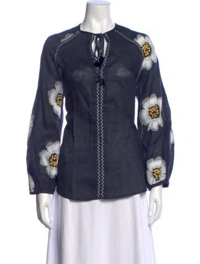 Pre-owned Silvia Tcherassi Linen Floral Print Blouse In Blue