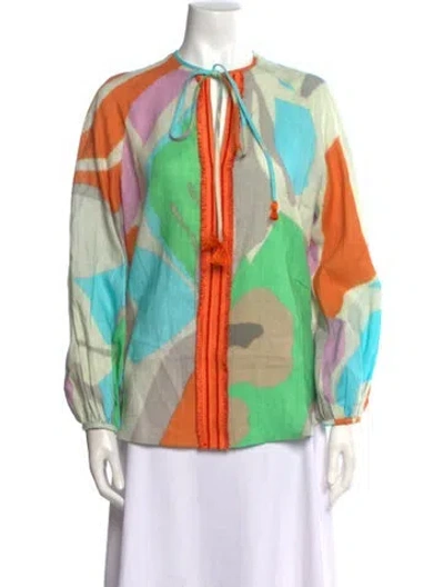 Pre-owned Silvia Tcherassi Linen Printed Blouse W/ Tags In Orange