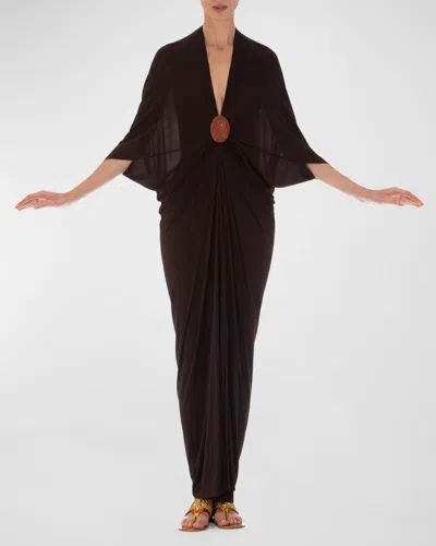 Silvia Tcherassi Malu Brooch-detail Kaftan Dress In Brown