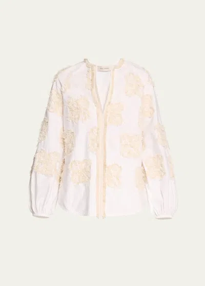 Silvia Tcherassi Molveno Fringed Flower Embroidered Long-sleeve Blouse In Cream Flowers